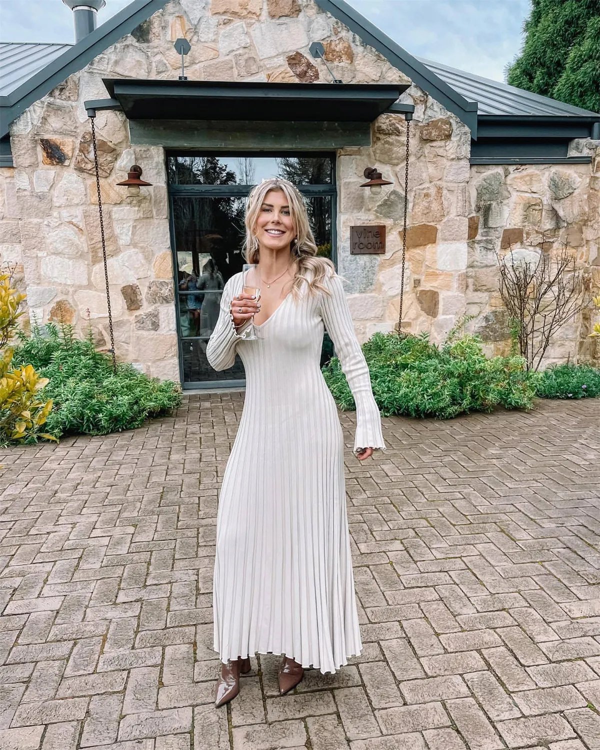 2023 Fall New Sleeved Knit Midi Dress